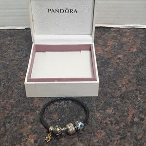 Pandora Three Charm Woven Leather Bracelet...NEW... Wth Presentation Box